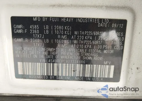 2013 Subaru Outback 2.5I Limited from USA, damaged, VIN 4S4BRCPC8D3234886